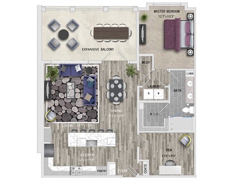 1095 Square ft 1bed 1 bath 3D floor plan  at St Mary's Square North Apartments, Raleigh, 27605